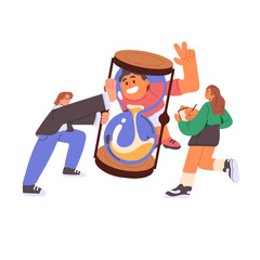 Deadline pressure and time management concept. Funny employees team and hourglass countdown. Tiny people are late with business, urgent work. Flat vector illustration isolated on white background