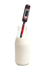 milk bottle with thermometer isolated on white
