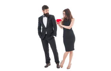 special occasion. married man and woman. valentines day. bearded man tuxedo and girl glasses. formal couple in love hold heart. engagement. elegant couple formal event. love and romance
