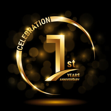 1st Anniversary Logo, Template design for anniversary celebration with golden ring and text, vector illustration