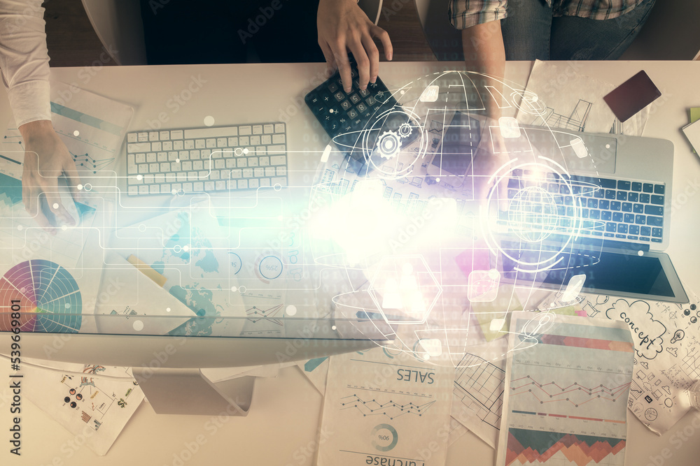 Poster double exposure of man and woman working together and social network theme hologram drawing. people 