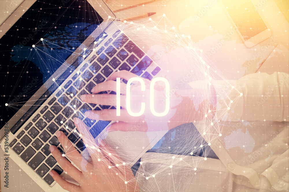 Aufkleber double exposure of woman hands working on computer and blockchain theme hologram drawing. top view. 