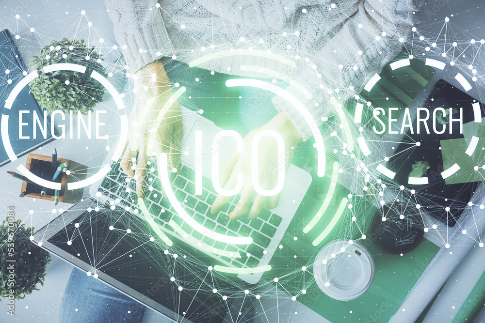 Poster Double exposure of woman hands working on computer and blockchain theme hologram drawing. Top View. bitcoin cryptocurrency concept.