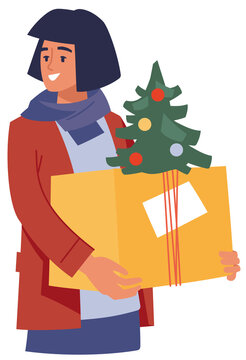 People with gifts. Girl with a gift box. Preparing for Christmas. PNG image.