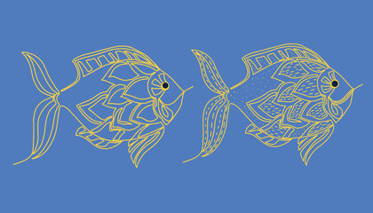 Hand-drawn vector doodles.A set of two decorative fish drawn with a line