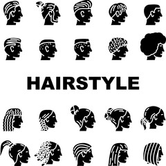 hairstyle face, hair girl woman icons set vector. haircut fashion, female model style, beauty salon, beautiful glamour portrait makeup hairstyle face, hair girl woman glyph pictogram Illustrations