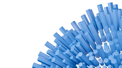 Fototapeta premium Blue 3D globe or sphere with random protruding hexagonal tubes, abstract futuristic geometric hexagons backdrop or wallpaper isolated on white background