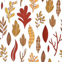 Seamless pattern of different branches and leaves. Hand-drawn in doodle style. Warm colors
