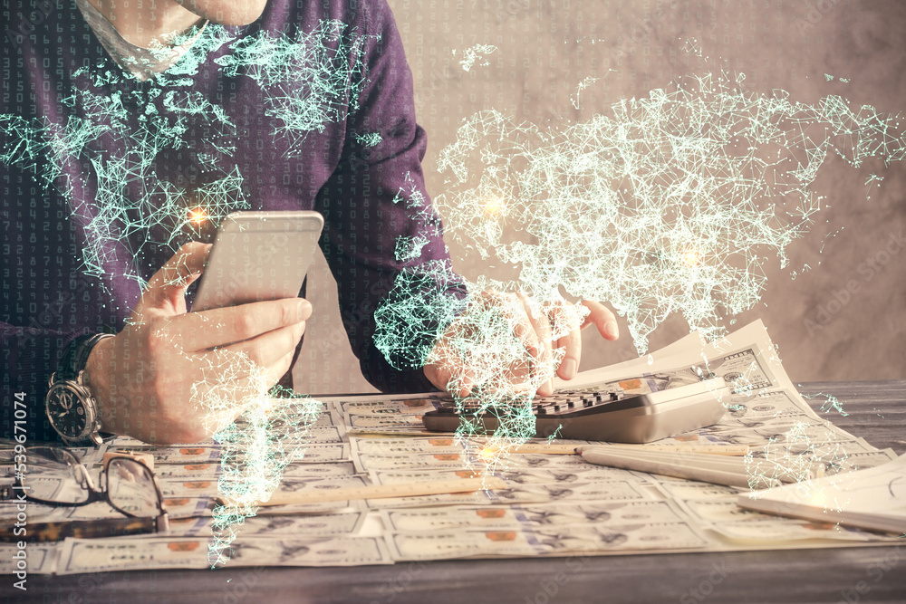 Poster double exposure of man's hands holding and using a phone and social network theme drawing.