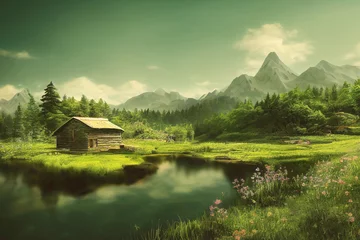 Foto auf Glas Beautiful summer landscape with hut, lake and mountains © Robert Kneschke
