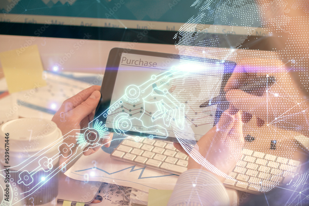 Poster double exposure of man's hands holding and using a digital device and tech theme hologram drawing. t