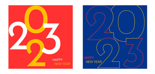 Obraz premium Creative concept of 2023 New Year square poster set. Christmas concept for 2023 New Year with tree and Christmas decorations and balls. Vector elements. Isolated on colored background. 