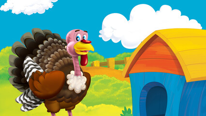cartoon farm scene with turkey bird illustration