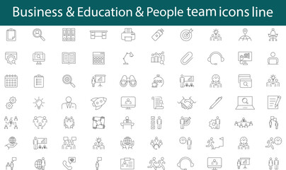 Fototapeta na wymiar People Icons Line Work Group. Team Business. Education, leadership line icons. Linear set : team, presentation, partnership, leadership. Vector