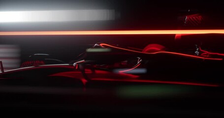 TRACKING shot of a modern generic sports racing car driving fast on a track with bright lights. Realistic 3d rendering - Powered by Adobe