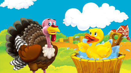 Plakat cartoon farm scene with turkey bird illustration