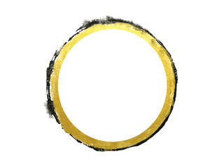 watercolor painting circle golden and black abstract hand drawn. png background. asian style.	
