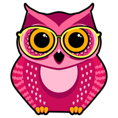 Cute owl in trendy glasses. Cartoon vector illustration. Humorous congratulatory Halloween concept.