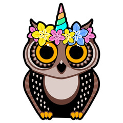 Cute owl in a wreath and with a unicorn horn. Cartoon vector illustration. Humorous congratulatory Halloween concept.