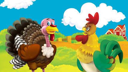 cartoon farm scene with turkey bird illustration