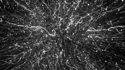 3D rendering of bright particles fill the space with jets of energy and light