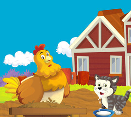Obraz na płótnie Canvas cartoon farm scene with hen chicken illustration