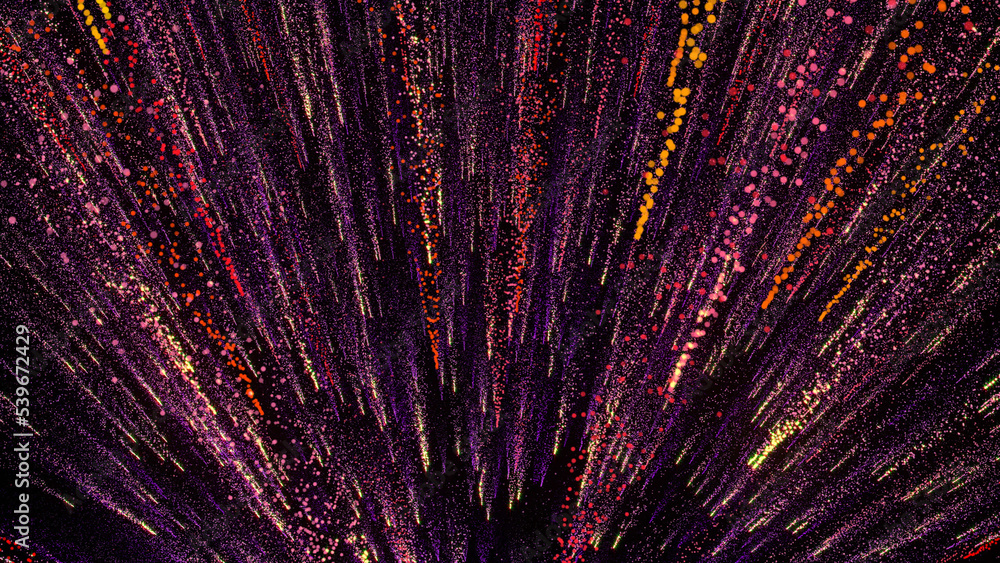 Poster 3d rendering of bright multi-colored particles fill the space with jets of energy and light