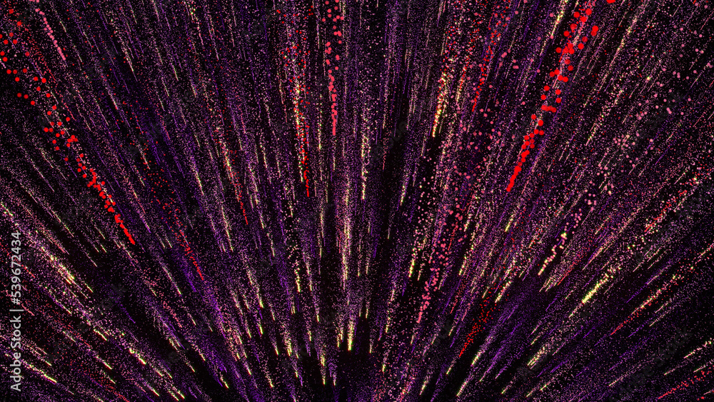 Poster 3d rendering of bright multi-colored particles fill the space with jets of energy and light
