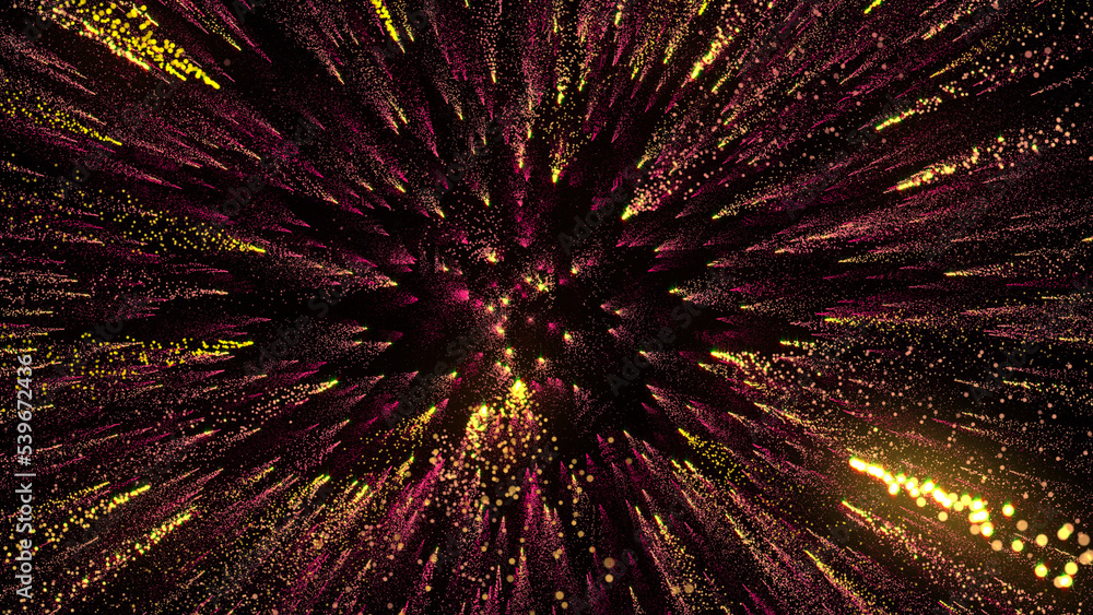 Poster 3d rendering of bright multi-colored particles fill the space with jets of energy and light