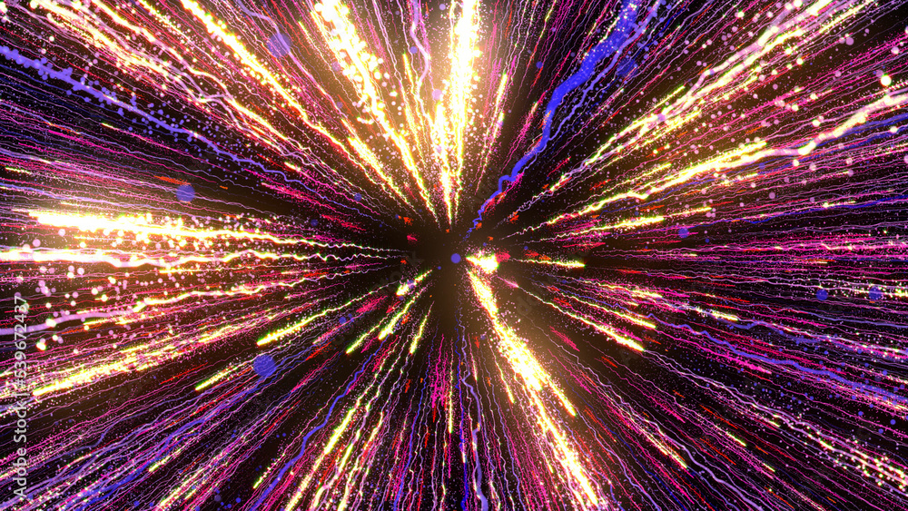 Aufkleber 3d rendering of bright multi-colored particles fill the space with jets of energy and light