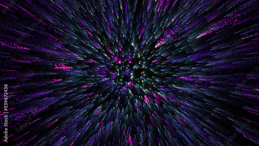 Poster 3d rendering of bright multi-colored particles fill the space with jets of energy and light