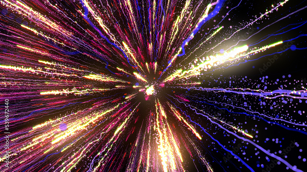 Poster 3d rendering of bright multi-colored particles fill the space with jets of energy and light