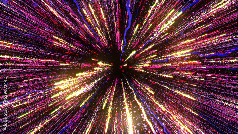 Poster 3d rendering of bright multi-colored particles fill the space with jets of energy and light