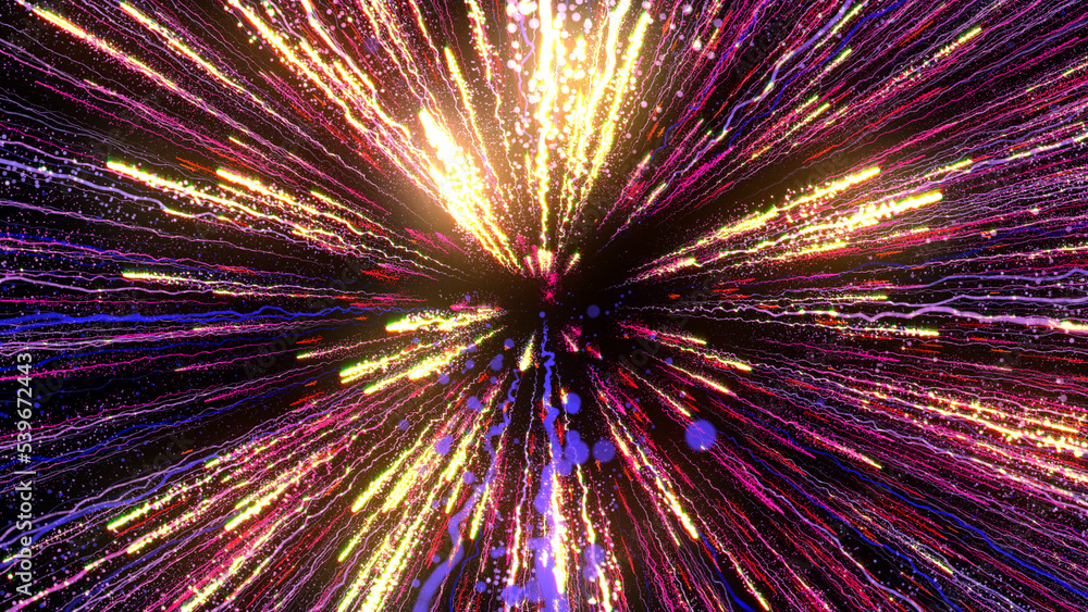 Poster 3d rendering of bright multi-colored particles fill the space with jets of energy and light