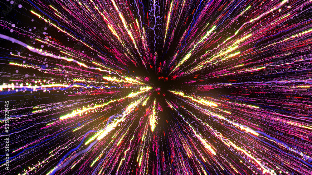Poster 3d rendering of bright multi-colored particles fill the space with jets of energy and light