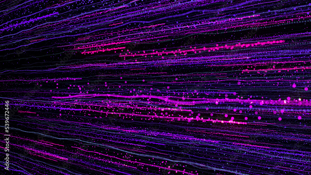 Poster 3d rendering of bright multi-colored particles fill the space with jets of energy and light