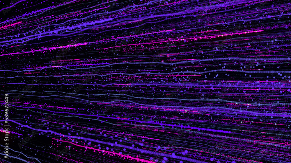 Poster 3d rendering of bright multi-colored particles fill the space with jets of energy and light