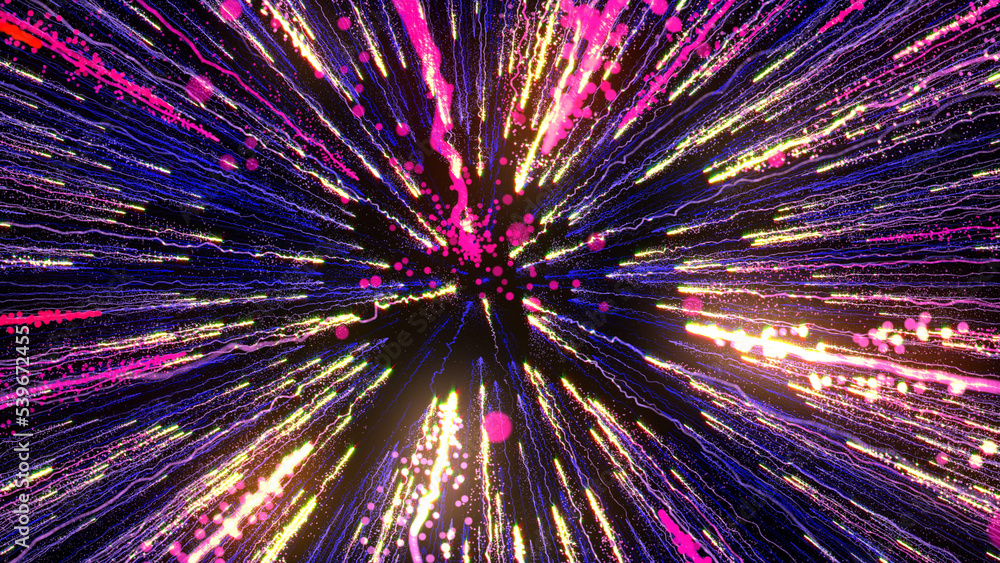 Poster 3d rendering of bright multi-colored particles fill the space with jets of energy and light