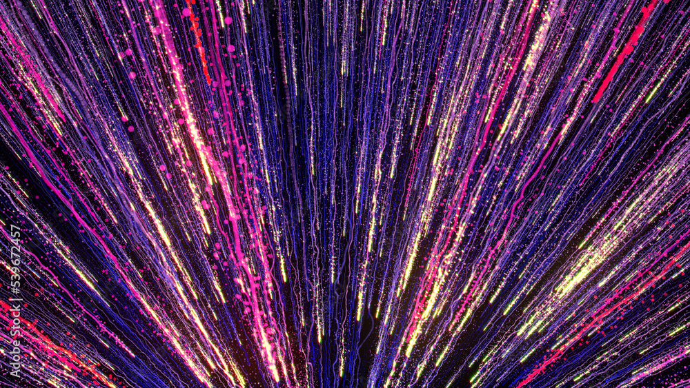 Poster 3d rendering of bright multi-colored particles fill the space with jets of energy and light