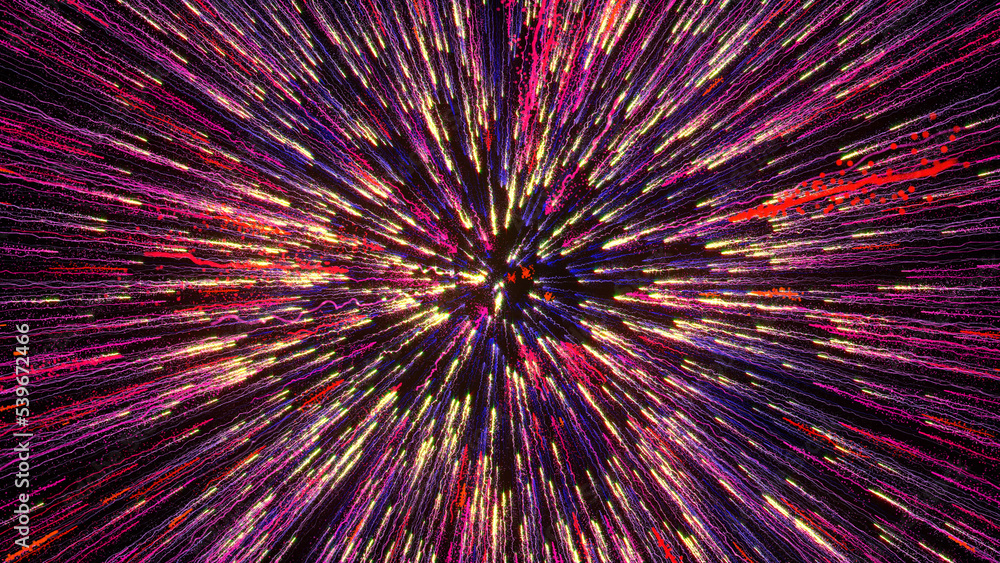 Poster 3d rendering of bright multi-colored particles fill the space with jets of energy and light