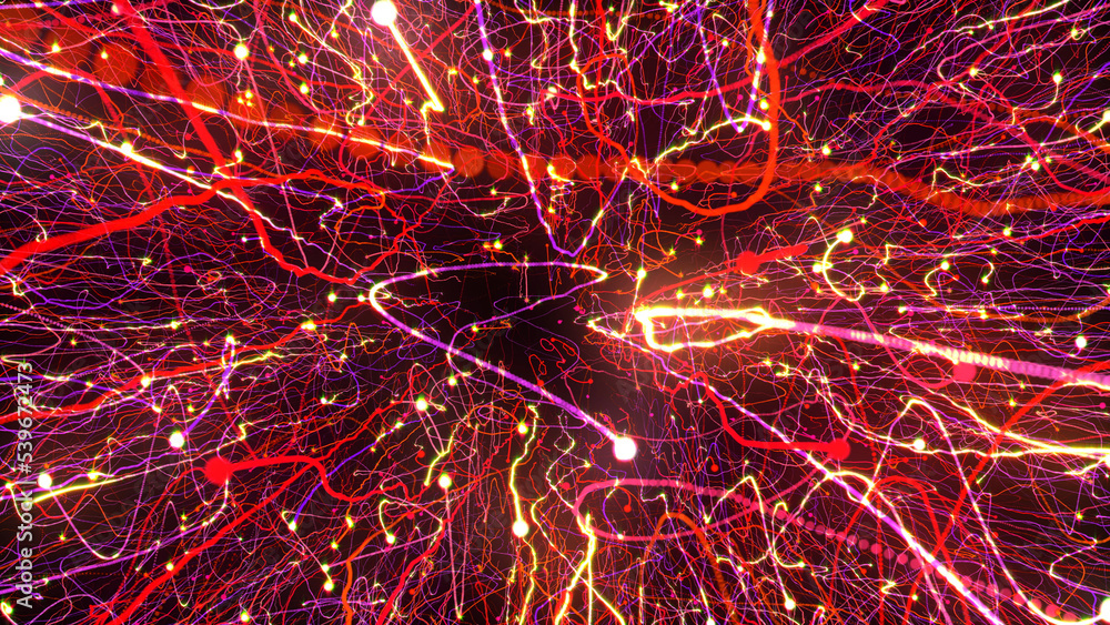 Poster 3d rendering of bright multi-colored particles fill the space with jets of energy and light