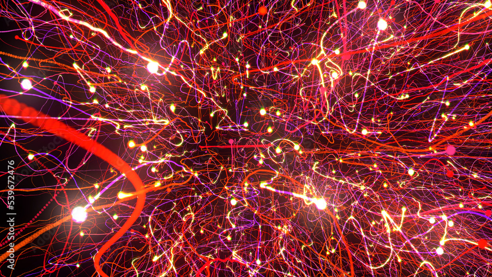 Poster 3d rendering of bright multi-colored particles fill the space with jets of energy and light