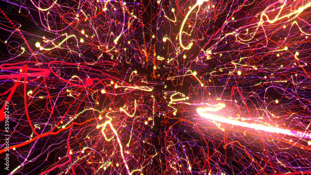 Poster 3d rendering of bright multi-colored particles fill the space with jets of energy and light