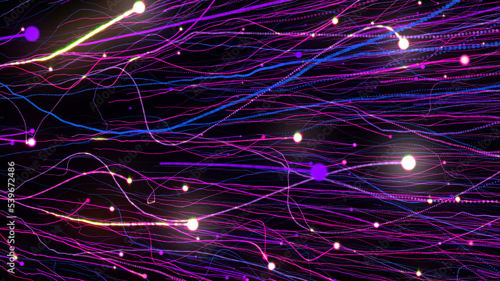 Poster 3d rendering of bright multi-colored particles fill the space with jets of energy and light