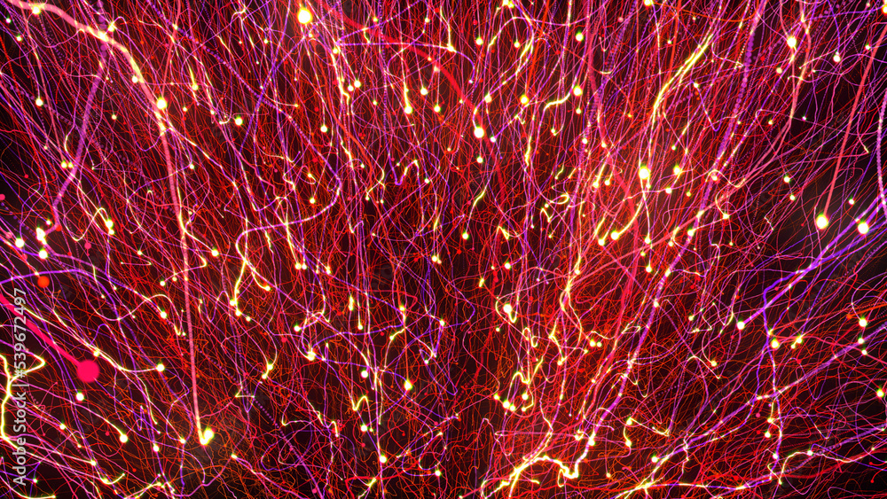 Poster 3d rendering of bright multi-colored particles fill the space with jets of energy and light