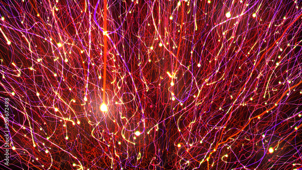 Poster 3d rendering of bright multi-colored particles fill the space with jets of energy and light