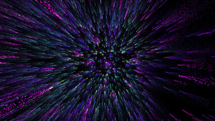 3D rendering of bright multi-colored particles fill the space with jets of energy and light