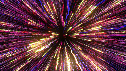 3D rendering of bright multi-colored particles fill the space with jets of energy and light