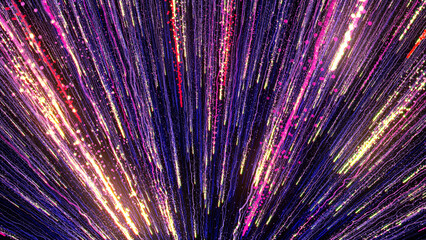 3D rendering of bright multi-colored particles fill the space with jets of energy and light