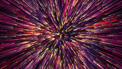 3D rendering of bright multi-colored particles fill the space with jets of energy and light